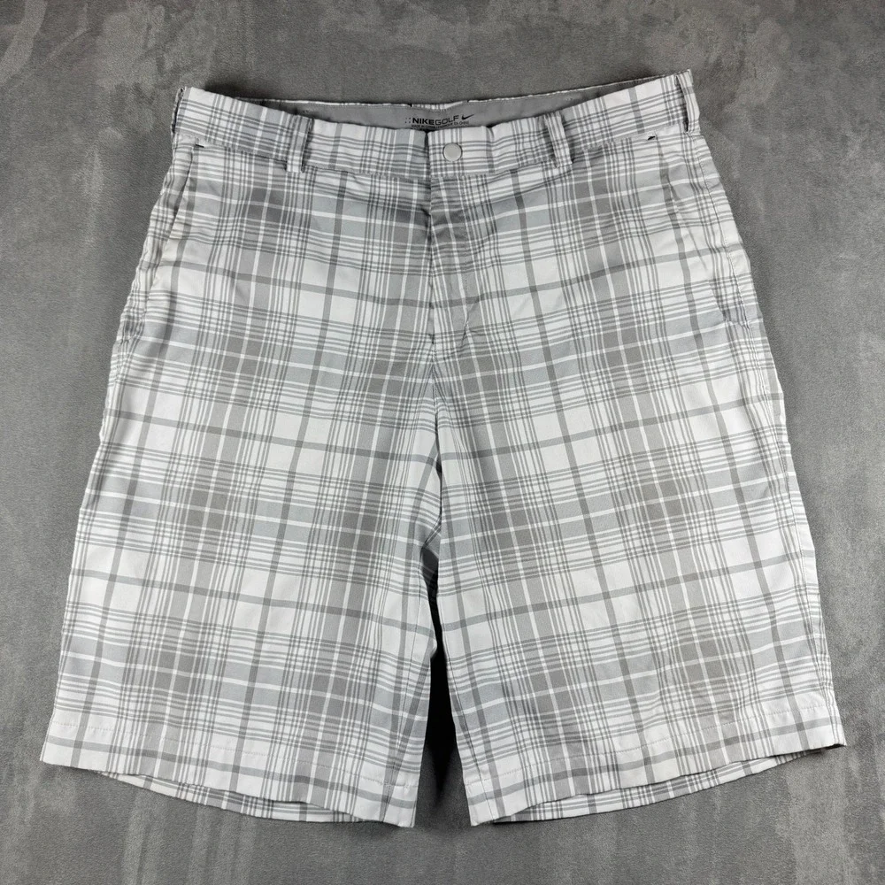 Nike Golf Shorts Mens‎ 34 Grey White Plaid Dri-FIT Stretch Performance